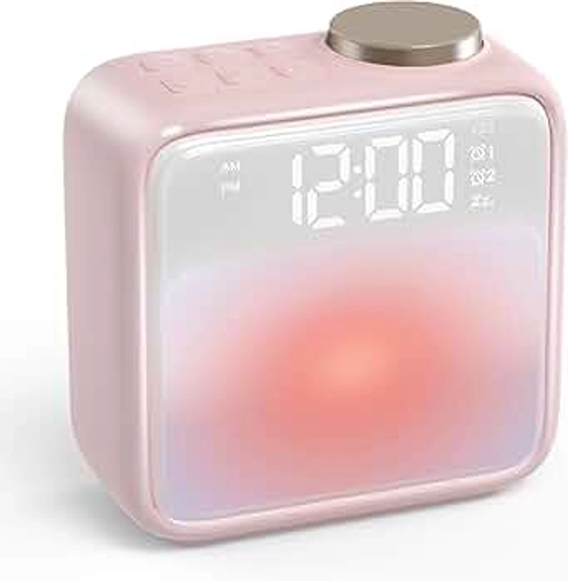 AIRIVO Alarm Clock Night Lights, Rechargeable Alarm Clock for Bedrooms, 6 Scenes & White Noise Sync, Dual Alarms & Snooze, for Heavy Sleepers, Gifts for Kids Teens (Pink)