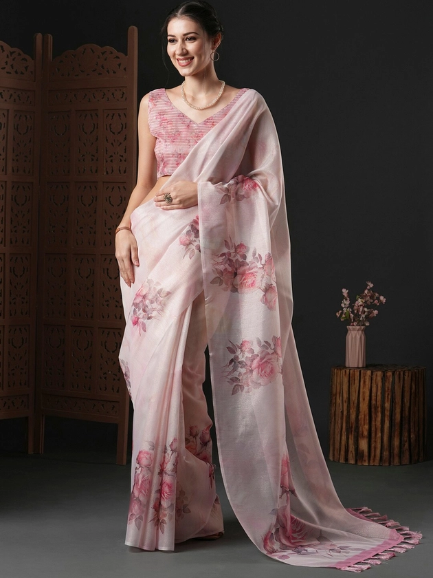 Anouk Pink & White Floral Printed Organza Saree
