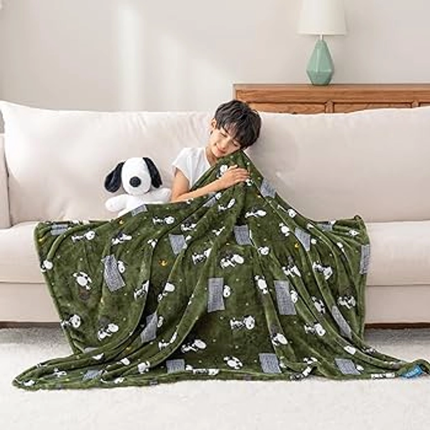 Berkshire Blanket Peanuts® VelvetLoft® Cute Character Snoopy Plush Oversized Kids Throw Blanket, Peanuts Snoopy The Tennis Star Olive Green (50in x 60in)