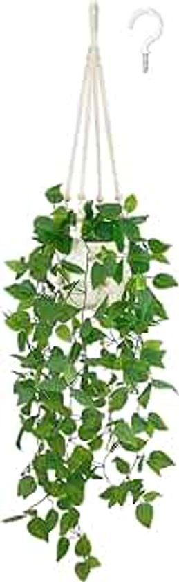 Mkono Fake Hanging Plant with Pot, Artificial Plants for Home Decor Indoor Macrame Plant Hanger with Faux Vines Hanging Planter Greenery for Bedroom Bathroom Kitchen Office Decor, Ivory (Pothos)