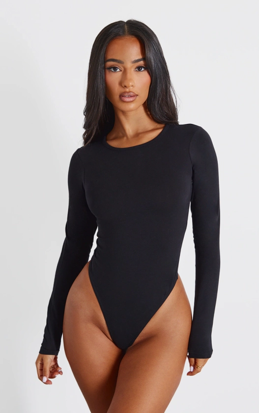 Petite Black Basic Cotton Blend Crew Neck Bodysuit