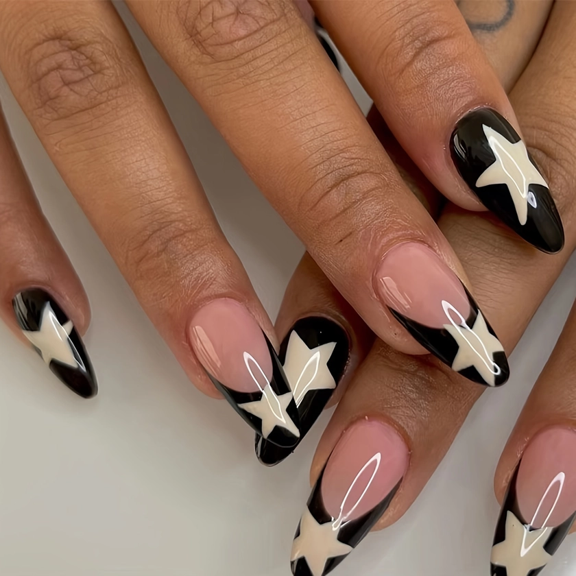 Medium Length Press on Nails Almond French * Nails Glossy Full Cover Glue on Nails Acrylic Star Design False Nails for Women and Girl 24Pcs