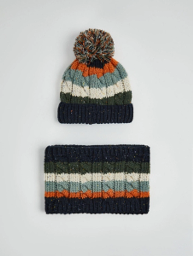 Striped Flecked Knitted Snood and Pom Pom Hat Set