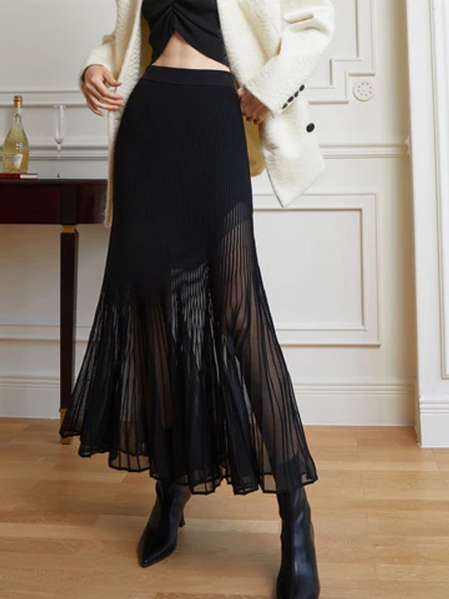 Knit Pleated Semi-sheer Maxi Skirt