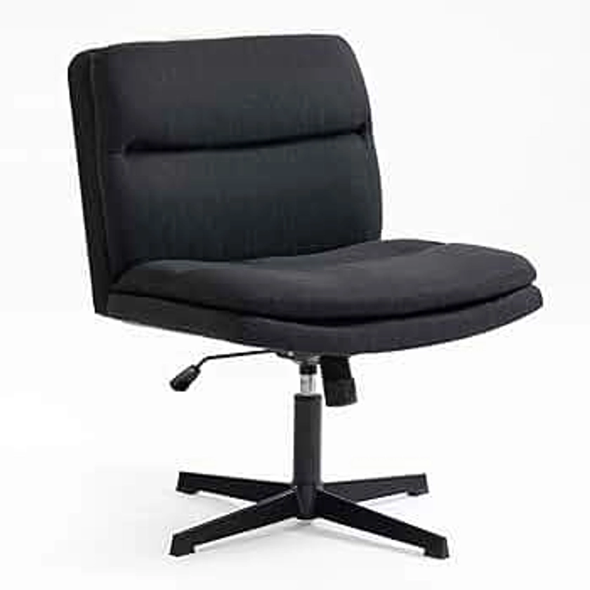 Armless Wide Office Desk Chair No Wheels, Modern Fabric Swivel Vanity Chair, 120°Rocking Ergonomic Criss Cross Legged Computer Task Chair(Black)