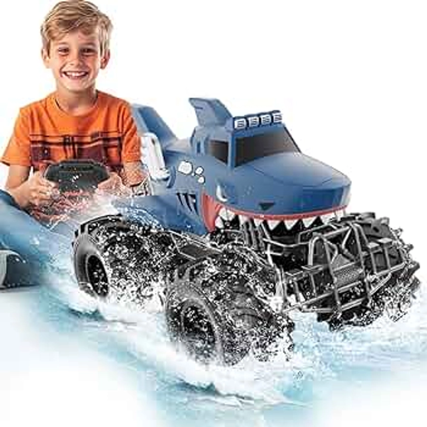 MUYOLO Remote Control Shark Truck, 1:16 Rc Monster Car with 2 Batteries 2.4GHz 4WD Off-Rock All Terrain Waterproof Amphibious Toys, for Christmas Birthday Gifts Presents Kids Boys Girls Ages 6+