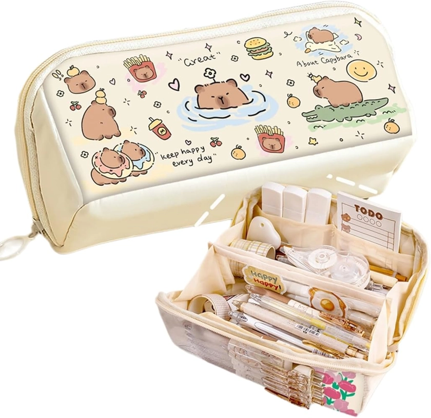 Pencil Pouch Multi-Layer Large Capacity Capybara Print Quirky Fun Cute (Beige-2)