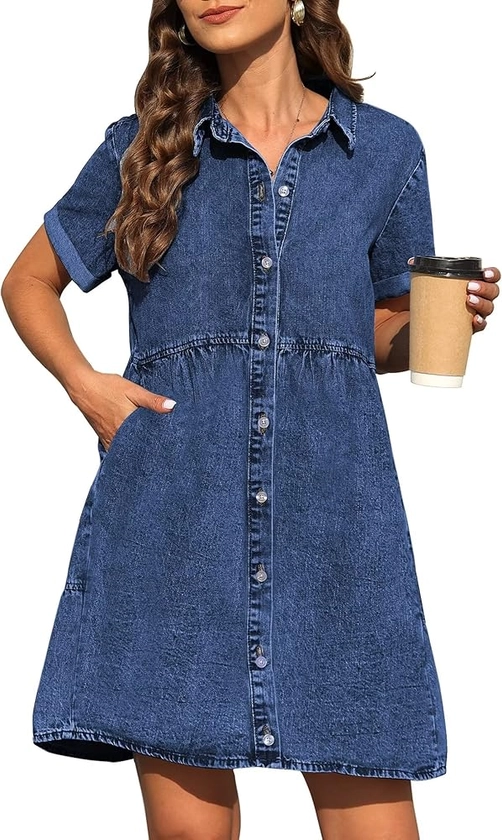 KDF Denim Dress for Women with Pockets Short Sleeve Babydoll Denim Shirt Dresses for Women 2024