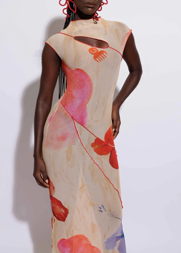 SISI - PRINTED COWL BACK ASYMMETRIC MESH GOWN | Multicolored