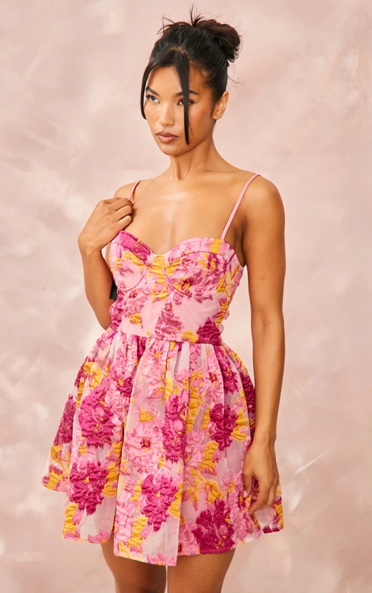 Pink Floral Organza Jacquard Underwired Shift Dress