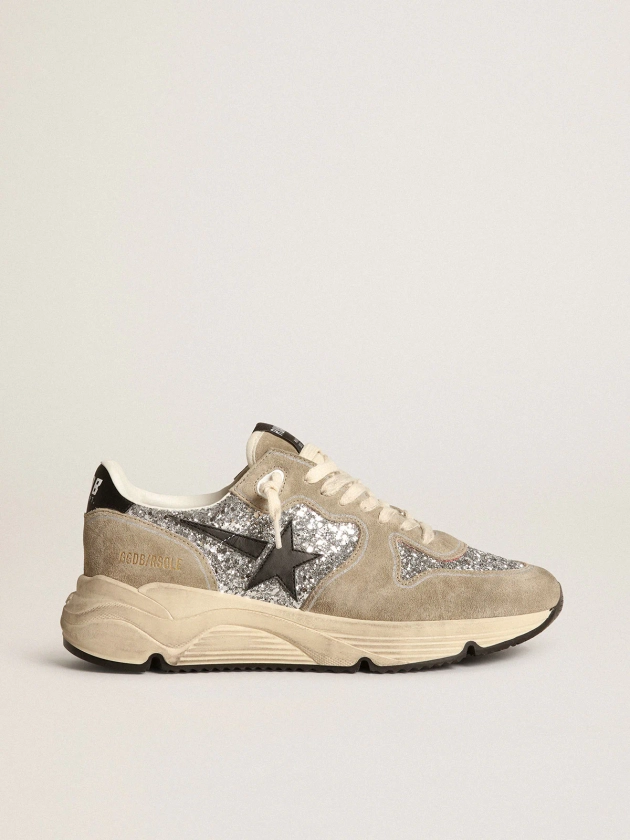 Running Sole femme à paillettes argentées et en daim gris tourterelle | Golden Goose