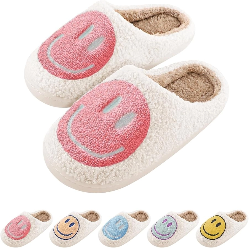 DOUUCO Women Soft Plush Happy Face Slippers Retro Warm Slip-on Slipper Cute Anti-slip Slippers with Memory Foam Slip-on Fur Slippers Breathable Happy Face Slippers