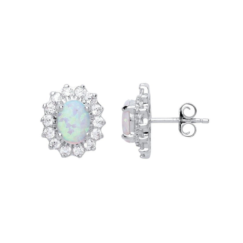 Jewellery | Silver oval Opal Royal Cluster Stud Earrings - GVE247OP | Jewelco London