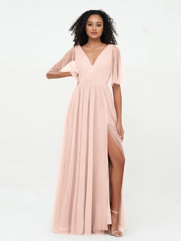 A-line V-neck Tulle Max Dresses with Deep-V Back-Pearl Pink-Katherine | BABARONI