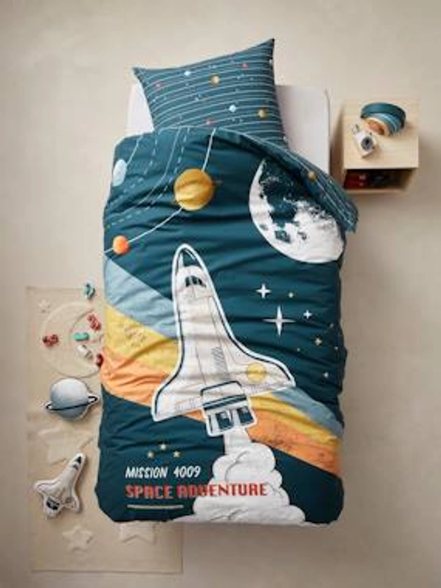 Parure enfant housse de couette + taie d'oreiller avec coton recyclé SPACE ADVENTURE - multicolore