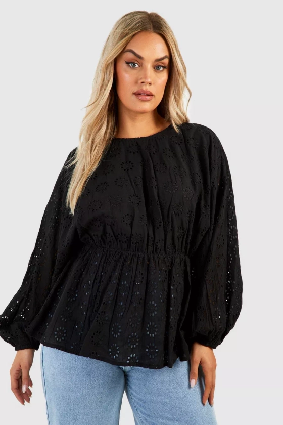 Black Plus Broderie Long Sleeve Smock Top