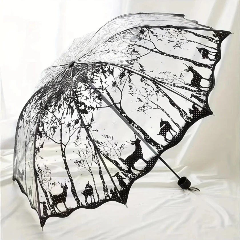 New Wave Edge Retro Transparent Umbrella PVC Three Folding Arch Butterfly Rose Umbrella - AliExpress