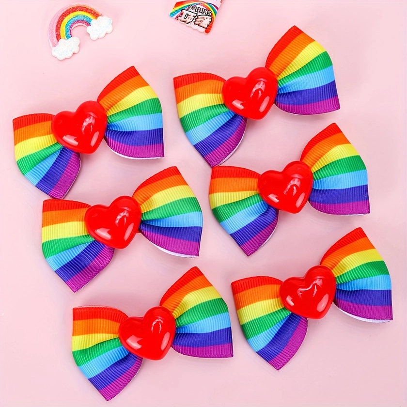 6pcs Cute Rainbow Bow Hair Clips, Love Heart Decor Bow Hair Clips, Adorable Hair Accessories