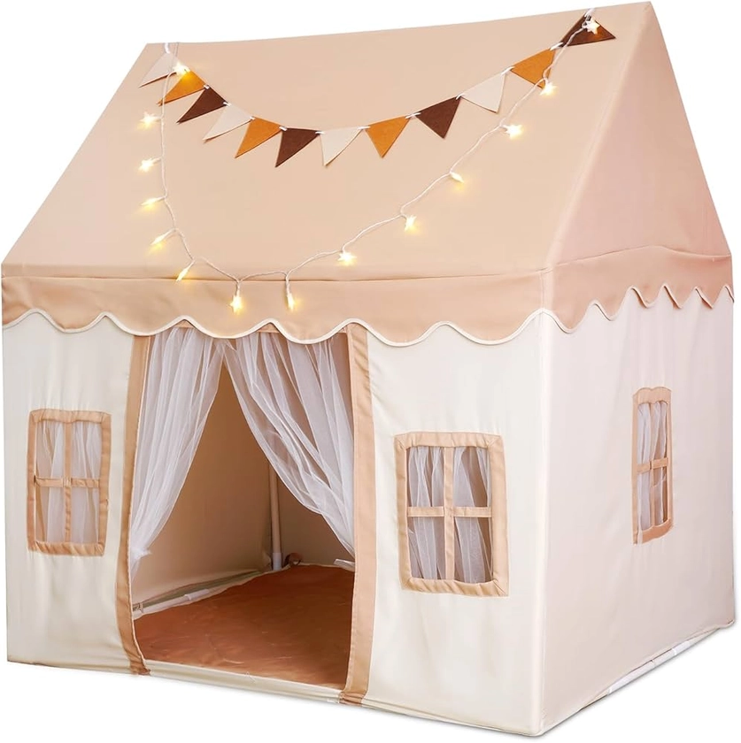 Sinbide Tente Enfant Cabane Enfant Intérieur et Extérieur Tipi Enfant avec Tapis Rembourré Lumières d'étoiles et Drapeaux Colorés Grande Tente de Jardin pour Filles garçons Cadeau Anniversaire (Brun)