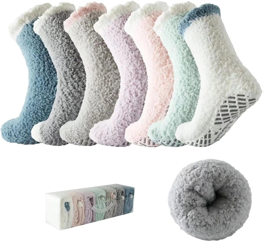 Bulinlulu Fuzzy Socks for Women with Grips Plush Fuzzy Socks Sleep Cozy socks Sleep Socks Winter Soft Fluffy Socks