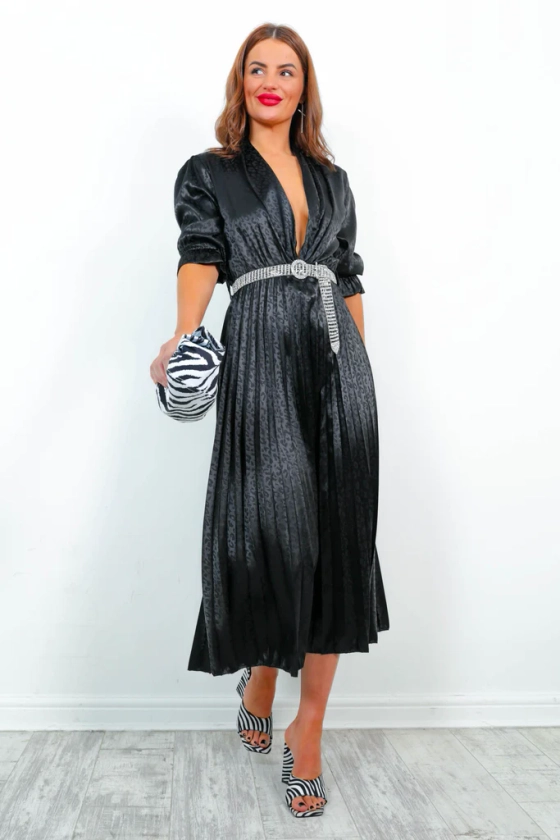 Finest Moment - Black Jacquard Pleated Midi Dress