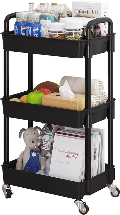 UDEAR 3-Tier Rolling Utility Cart with 12 Category Labels,Multifunctional Comagtable Rolling Shelving with Handle and Lockable Wheels for Room,Office,Kitchen,Bathroom,Black