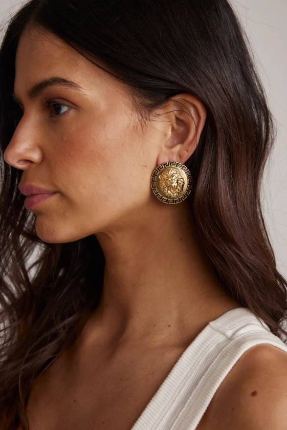 Lion Gold and Black Circle Earrings