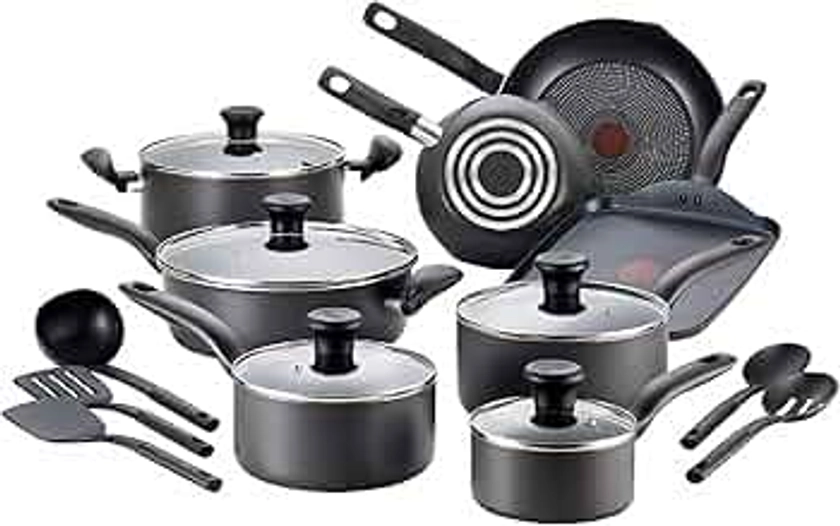 T-fal Initiatives Nonstick Cookware Set 18 Piece, Oven Broiler Safe 350F, Kitchen Cooking Set w/ Fry Pans, Saucepans, Stockpots, Skillet, Spoons, Lids Pots and Pans Set Non Stick Dishwasher Safe Black