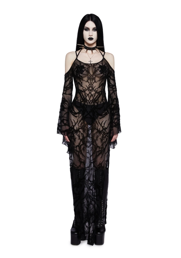 Widow Goth Mesh Flocked Off The Shoulder Maxi Dress - Black