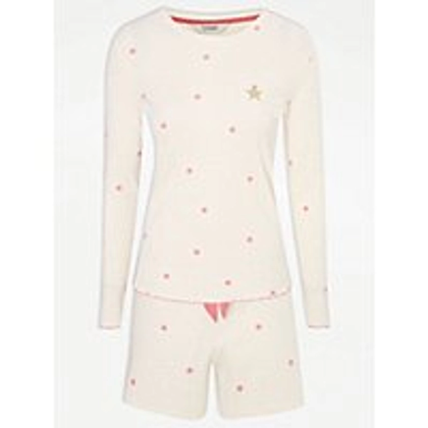 Cream Star Ribbed Long Sleeve Short Pyjamas