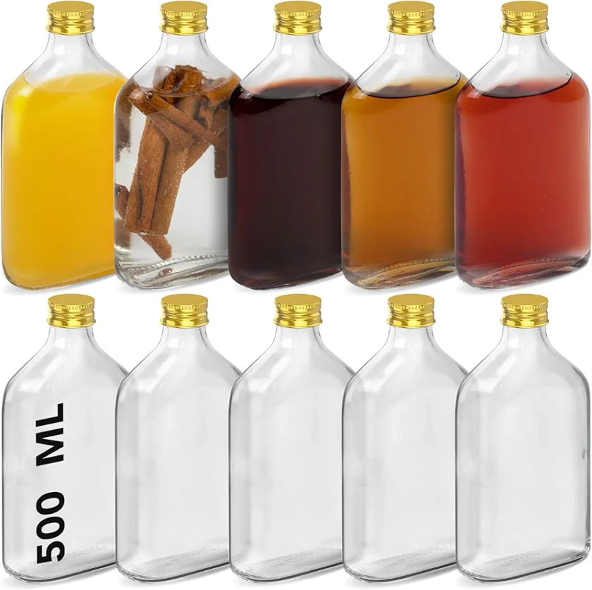 HEFTMAN Flask Glass Bottles with Lids - 10 Pack 500ml Empty Glass Bottles with Gold Lids - Airtight, Reusable Glass Bottle with Lid Perfect for Gin, Wine, Vinegar, Homemade Beverages, Sauces, Décor