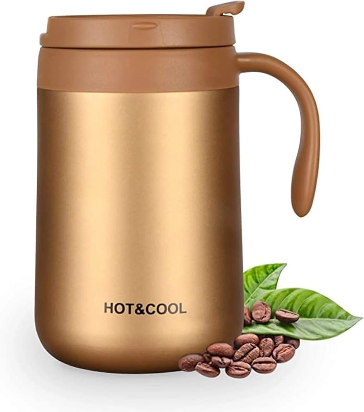 Camako Insulated Coffee Mug with Lid, Double Wall Stainless Steel Thermal Mug for Cold & Hot Drinks, Stainless Steel Reusable Coffee Cup(Golden 500ML)