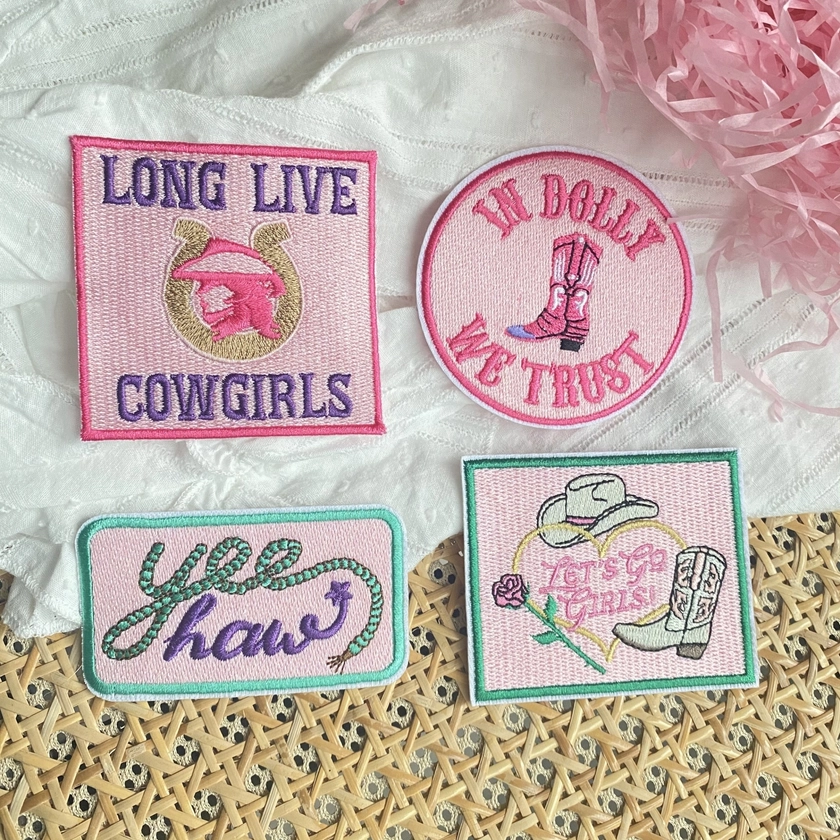 4pcs Cowgirls' Embroidered Patch Set - Trendy Appliques for Clothing, Trucker Hats, Backpacks & Canvas Shoes