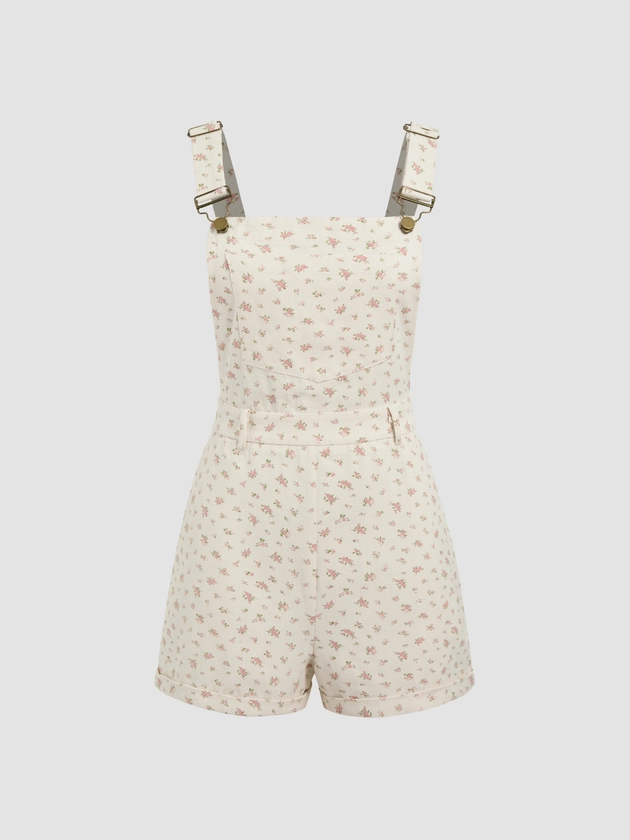 Woven 100% Cotton Square Neck Floral Pocket Romper For School Daily Casual