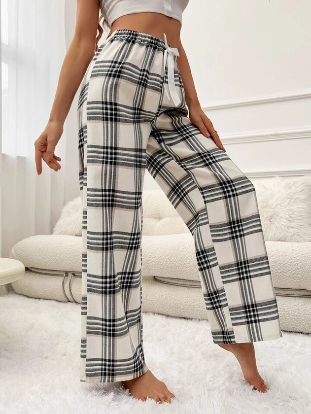 Plaid Print Knot Waist Pajama Sleep Pants