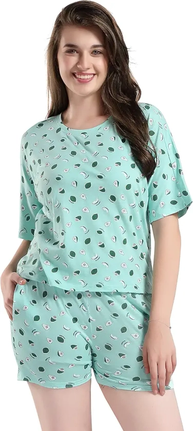 Style Dunes Women's Cotton Pajama Set All Over Print T-Shirt And Shorts Pack Of 1 (Nw_Sd040_Gn_2Pc_Light Green_Xl) : Amazon.in: Fashion