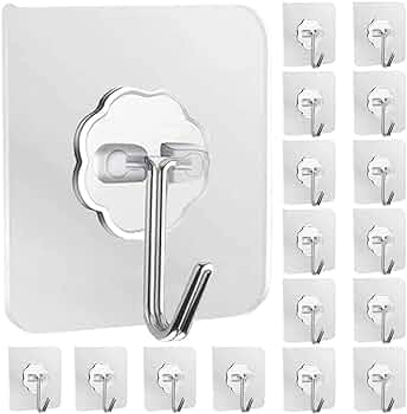 Adhesive Hooks for Hanging, Stainless Steel 16 Pack Sticky Wall Hooks 22lb(Max) Removable, Heavy Duty Self Adhesive Hooks Waterproof Oilproof for Bathroom Shower Kitchen Outdoor Towel Keys, Clear