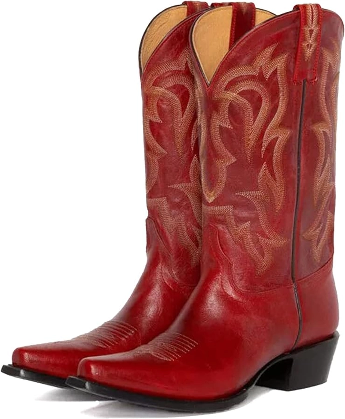 Amazon.com | Yolkomo Cowboy Boots for Women Red Distressed Cowgirl Boots Wide Width Pull-On Mid-Calf High Boots Pointy Toe Embroidered Western Boots Size 11 | Mid-Calf