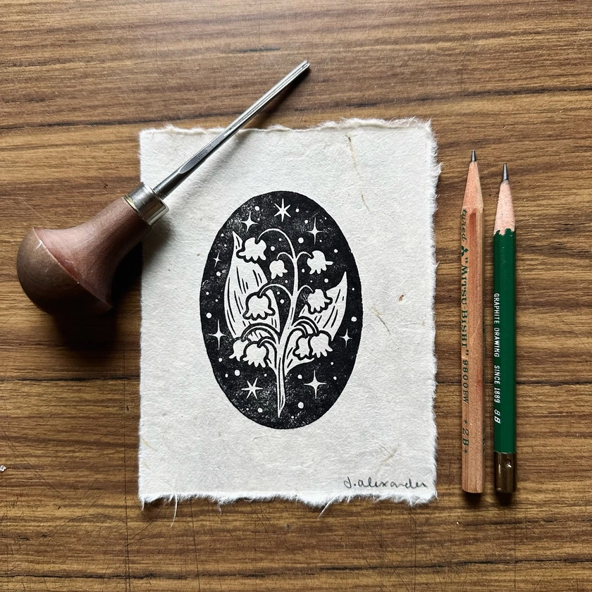 Lily Of The Valley Linocut Print 4"x5" — SALTED SNAIL STUDIO