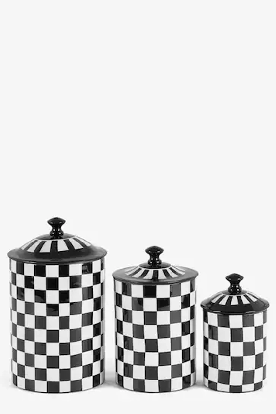 Rockett St George Set of 3 Black/White Checkerboard Nesting Enamel Storage Tins