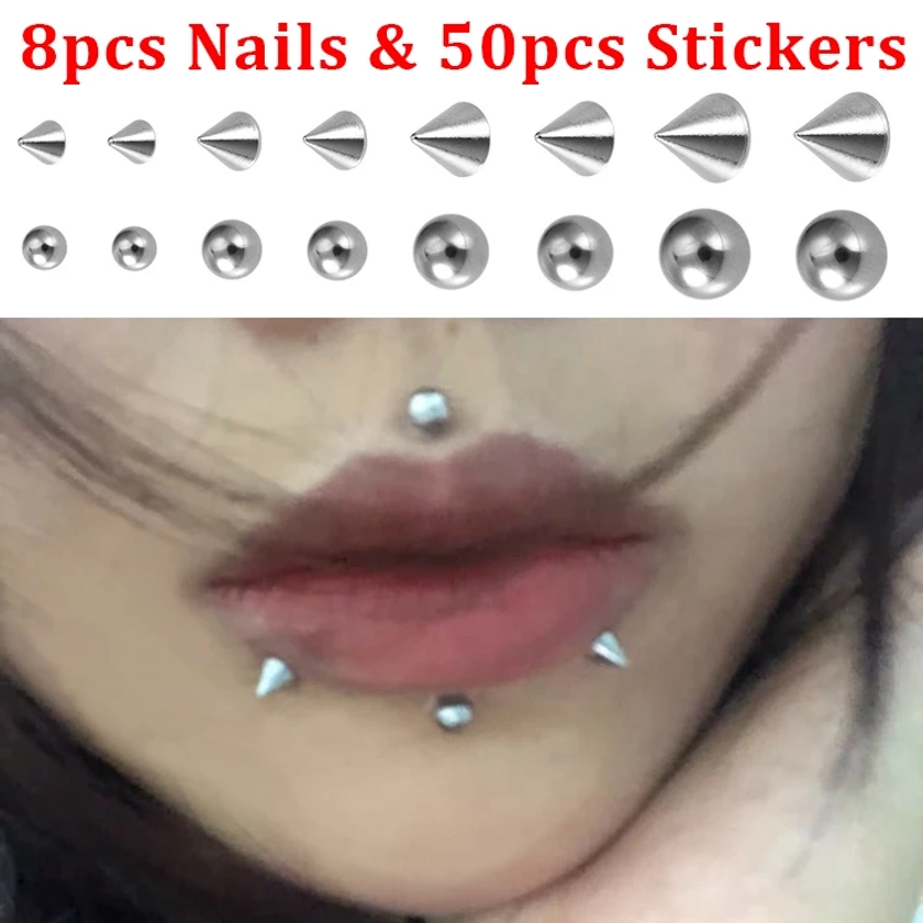 8pcs Fake Lip Nails & 50pcs Stickers Eyebrow Ear Stud Non Piercing Earring Studs Teens Hip hop Fake Nose Ring Body Jewelry