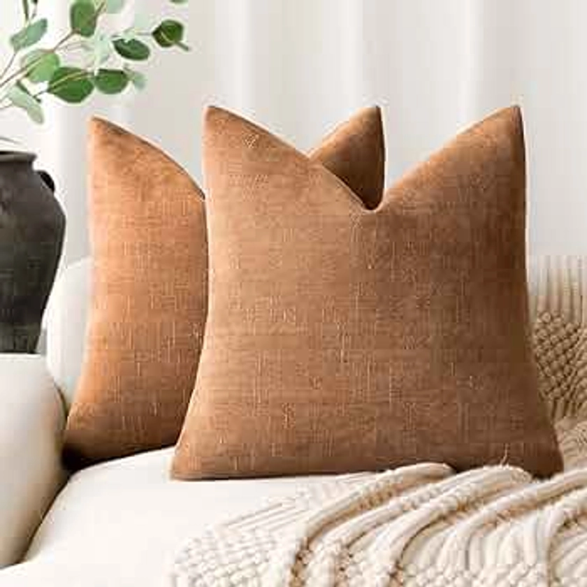 Foindtower Pack of 2 Soft Textured Throw Decorative Pillow Covers Square Accent Solid Cushion Cover Cozy Farmhouse Pillow Case with Zippe for Couch Sofa Bed Living Room 18x18 Inch, Bronze