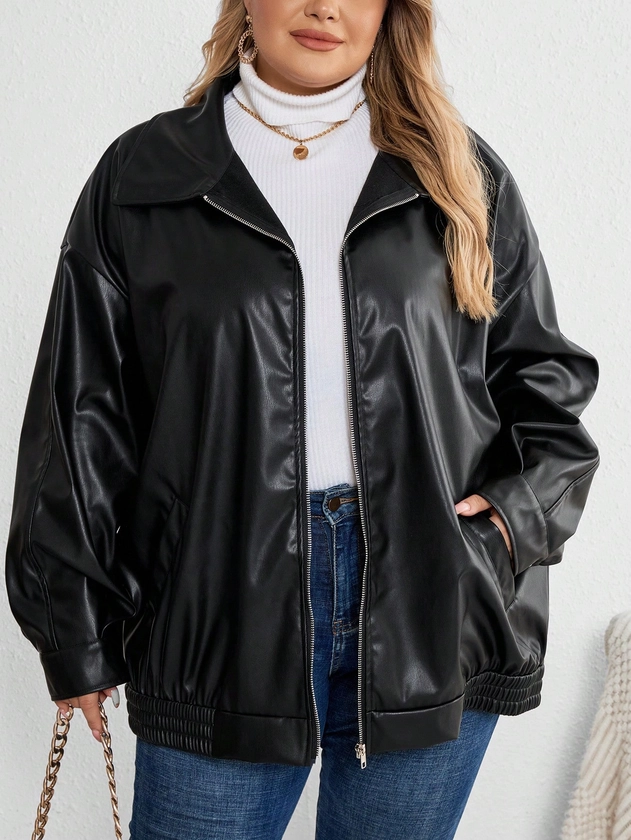 SHEIN CURVE+ Veste en PU à épaules tombantes et forme incurvée, taille plus