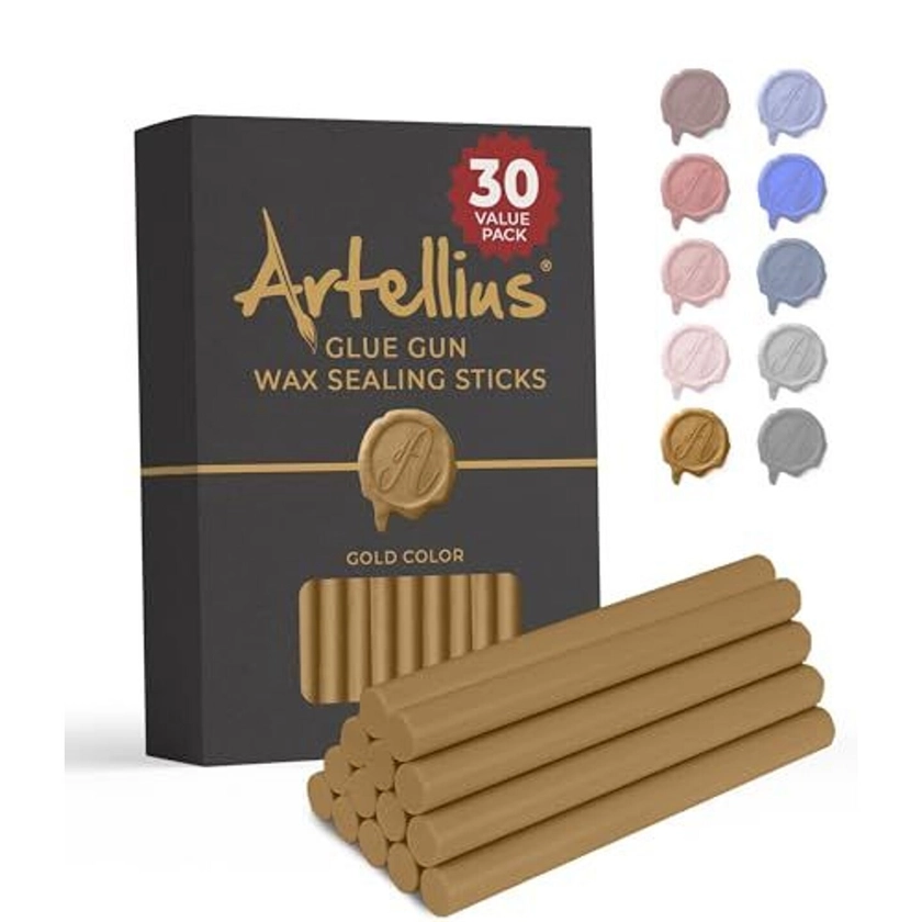 Artellius Premium Sealing Wax Sticks (Bulk 30 Pack) Wax Seal Glue Gun Sticks, Envelope Seal Wax for Stamp Seals - Perfect Wax Seal Sticks for Crafting, Invitations & Letters - Gold