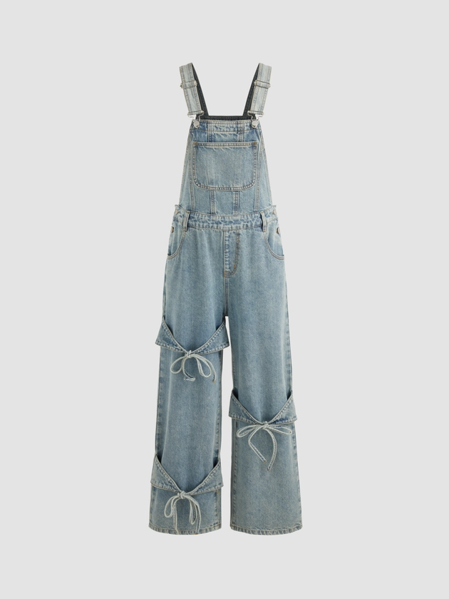 Denim Denim Bowknot Buckle Up Pocket Wide Leg Jumpsuit For School Holiday