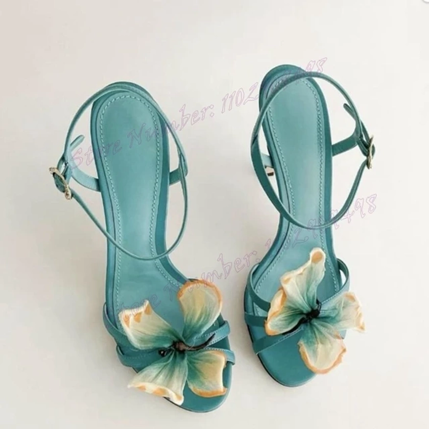 Sandales ouvertes à motifs floraux bleus pour femmes, chaussures de soirée à talons hauts, 2024 - AliExpress 