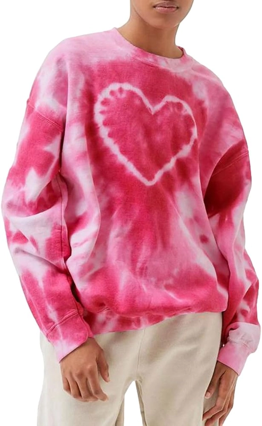 Miolasay Women Valentine's Day Tie Dye Sweatshirts Y2k Long Sleeve Heart Print Pullover Tops Crew Neck Loose Fit T-Shirt