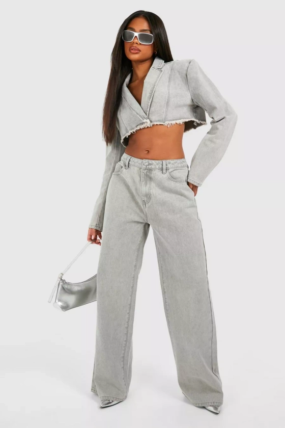 Fray Hem Cropped Denim Blazer & Wide Leg Jeans Co-Ord