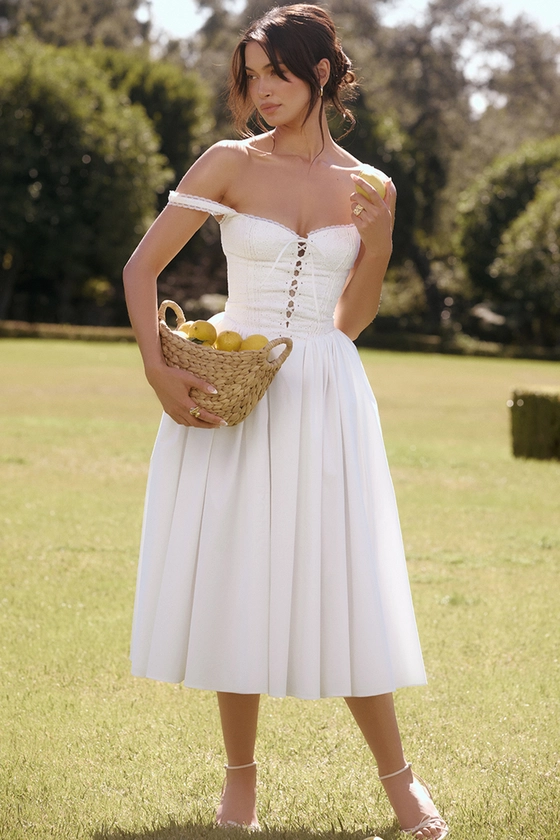 Clothing : Midi Dresses : 'Milia' White Broderie Anglais & Cotton Midi Dress