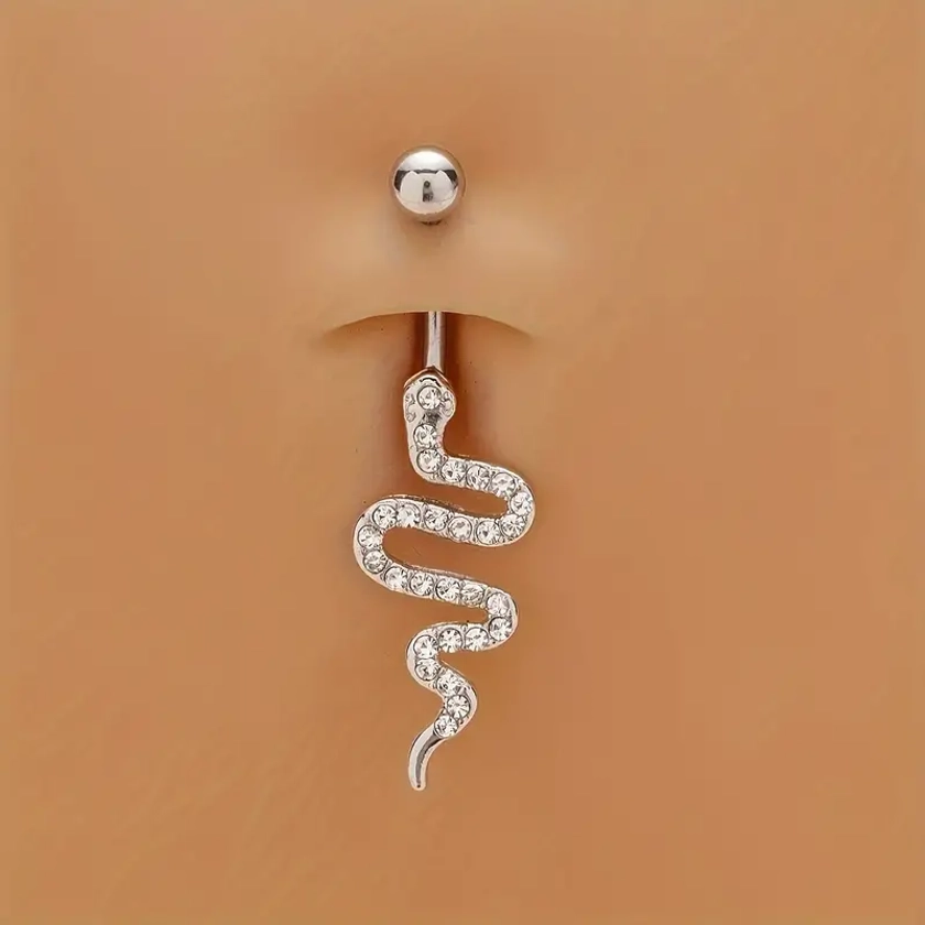 1pc Personality Snake Belly Button Ring Inlaid Shiny Zircon Minimalist Navel Nail Body Piercing Jewelry